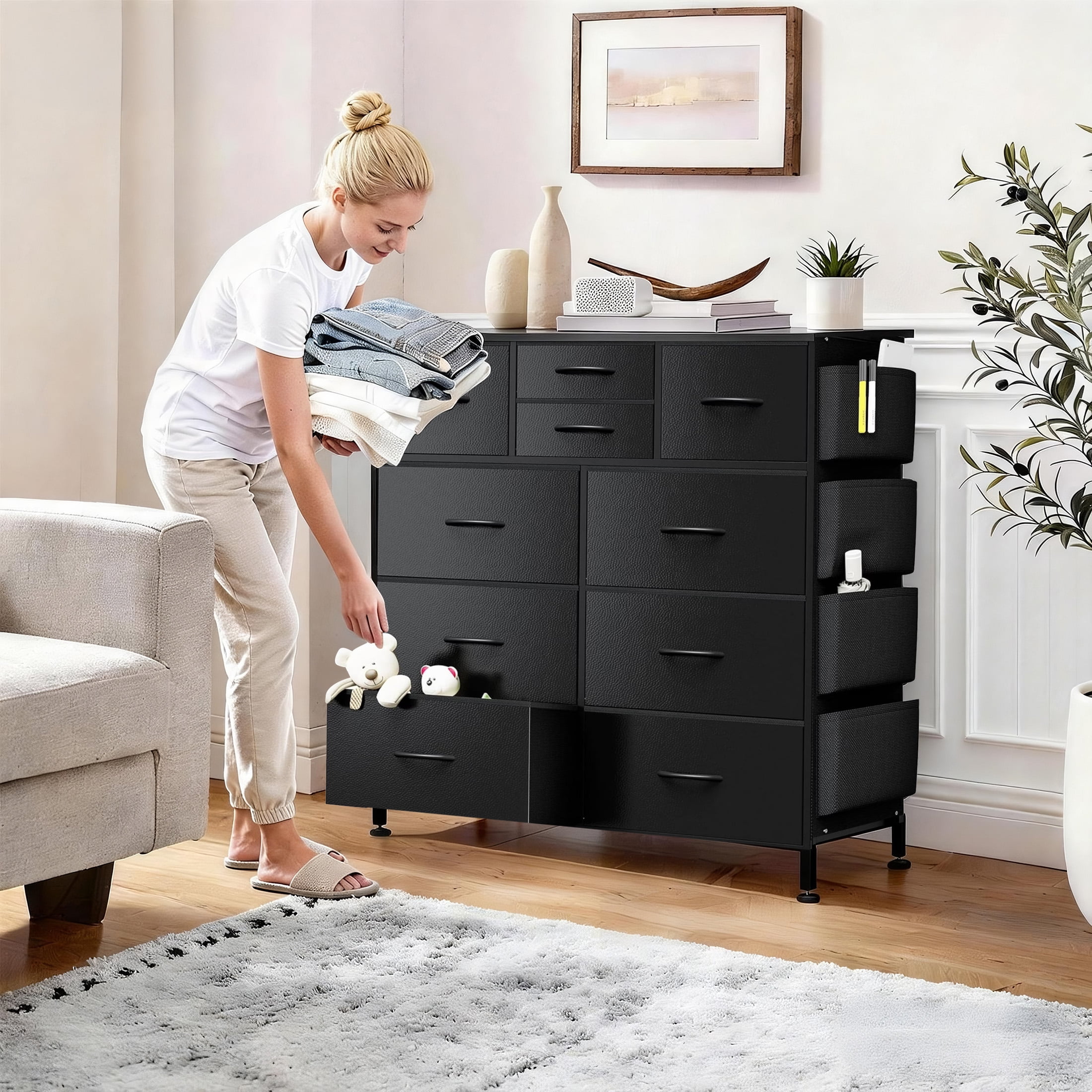 edx Dresser Storage with 10 Drawers, Fabric Dresser Tower with Side Bag, Storage Unit for Bedroom, Closet, Office, Black