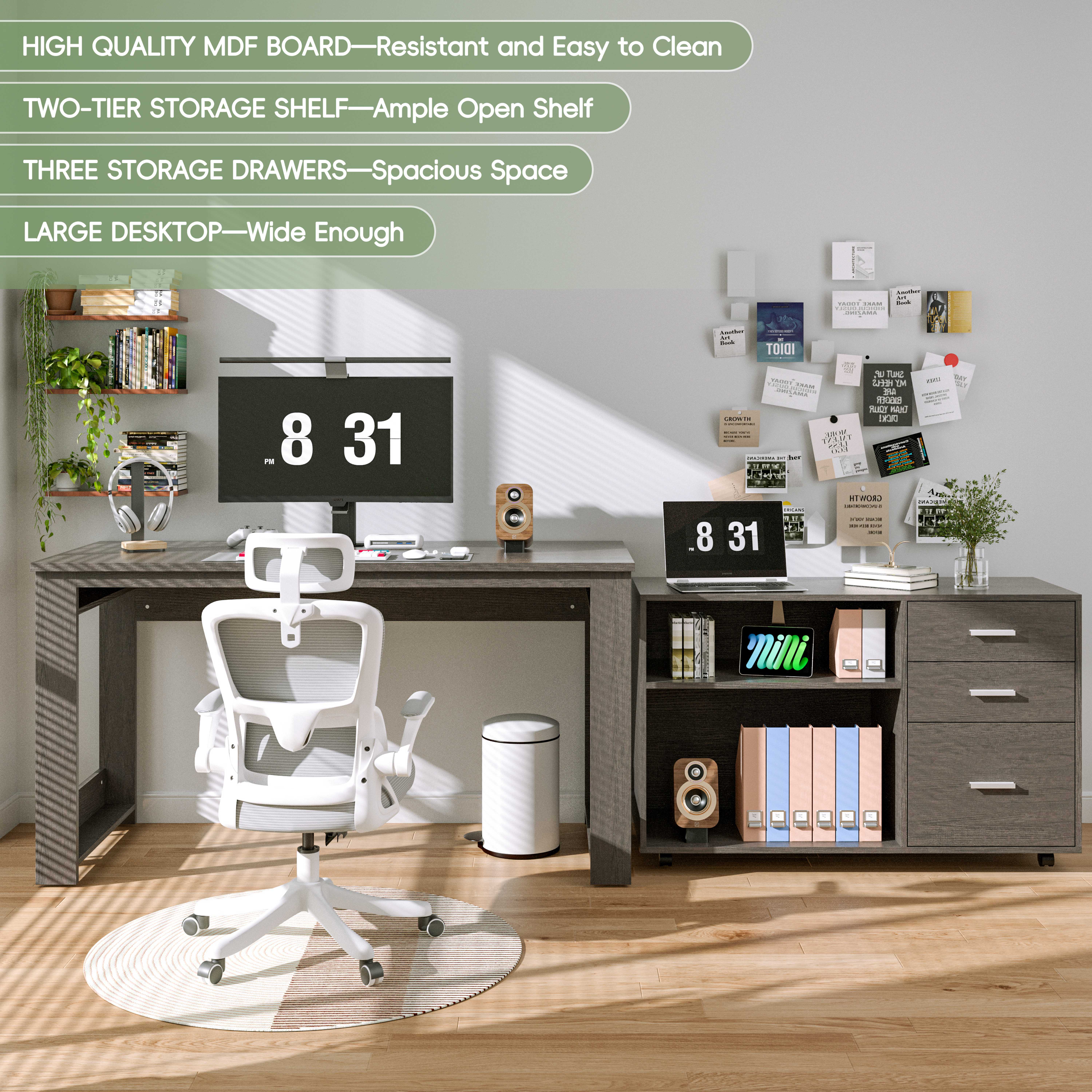 Joywind 55" L Shaped Corner Office Desk with File Cabinet & Wheels – 3 Drawers, 2 Shelves, Home Office Computer Desk with Storage, Gray