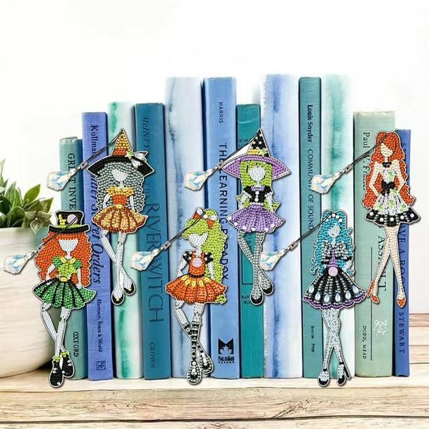 6 uds DIY marcapáginas acrílico con cristal pequeña bruja punto libro marca dibujos animados