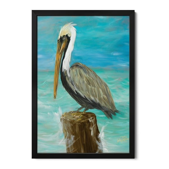Premium Framed Art Print - Single Pelican on Post