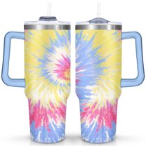 Blue, Pink and Yellow Tie-dye 40 Oz Tumbler with Handle Lid and Straw, Stainless Steel Double Walled Vacuum Insulated Cup, Cute Birthday Gifts Tumbler for Women Men Friends