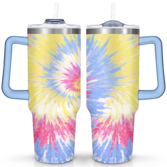 Blue, Pink and Yellow Tie-dye 40 Oz Tumbler with Handle Lid and Straw, Stainless Steel Double Walled Vacuum Insulated Cup, Cute Birthday Gifts Tumbler for Women Men Friends