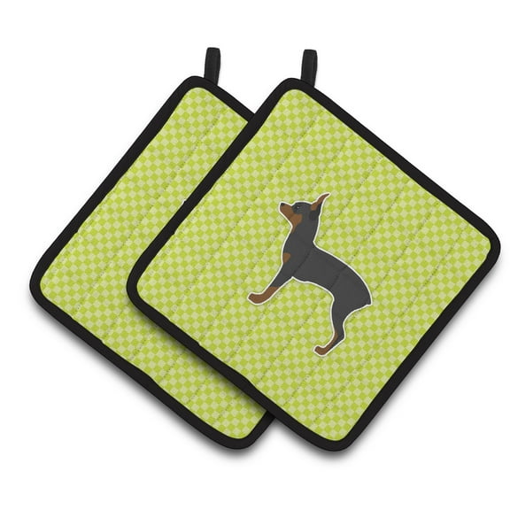 Toy Fox Terrier Checkerboard Green Pair of Pot Holders