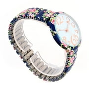 navy blue roses floral print large face easy to read stretch band extension womens watch