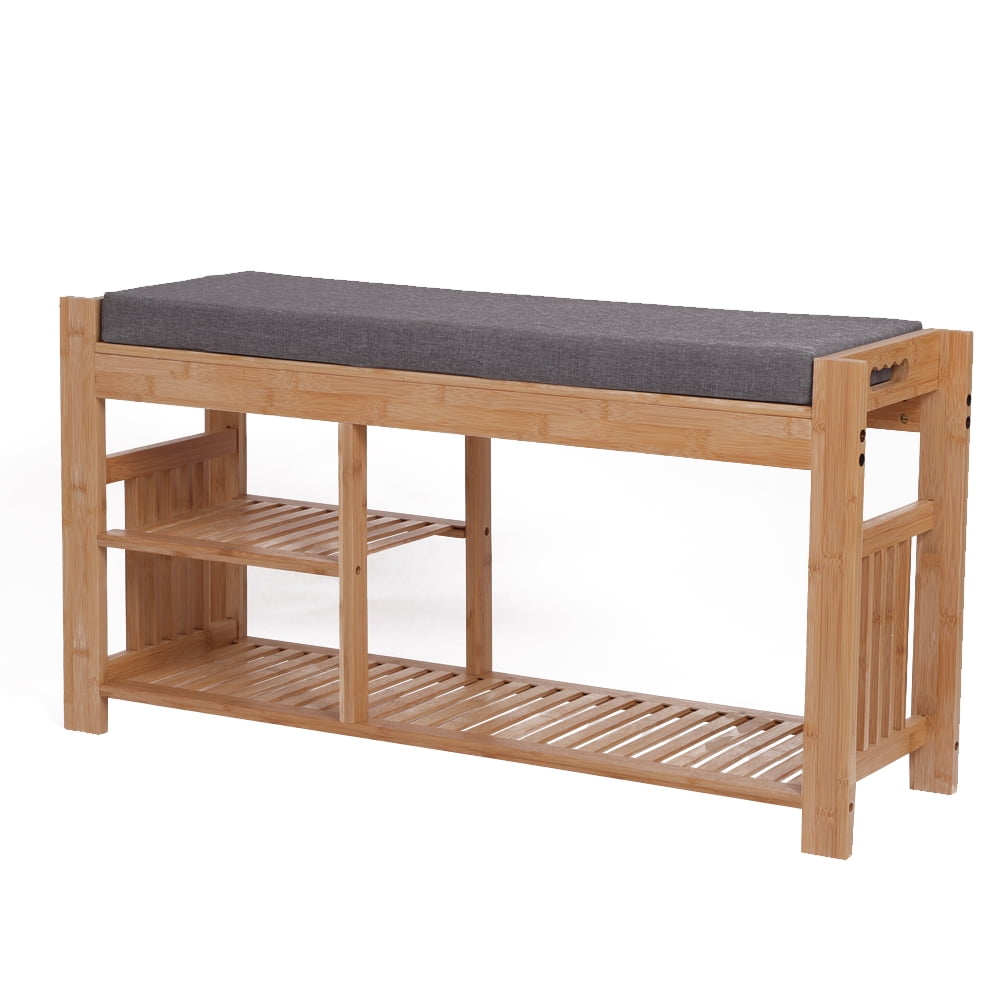 Lowestbest 100% Bamboo Shoe Stool With Cushion, Three-Layer Entrance Bench With Shoe Rack for Bedroom Entryway Bathroom etc, Wood Color