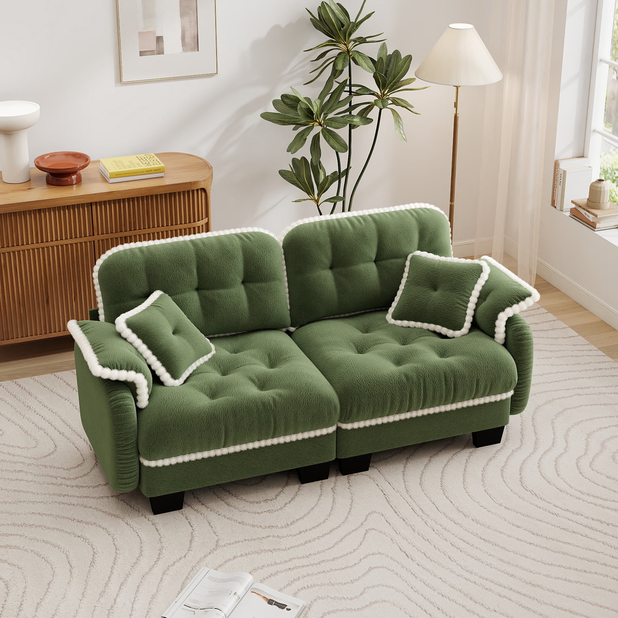 Aenkyo 70" Chenille Modular Loveseat with 23.8" Deep Seat and Pom-Pom Trim, Green