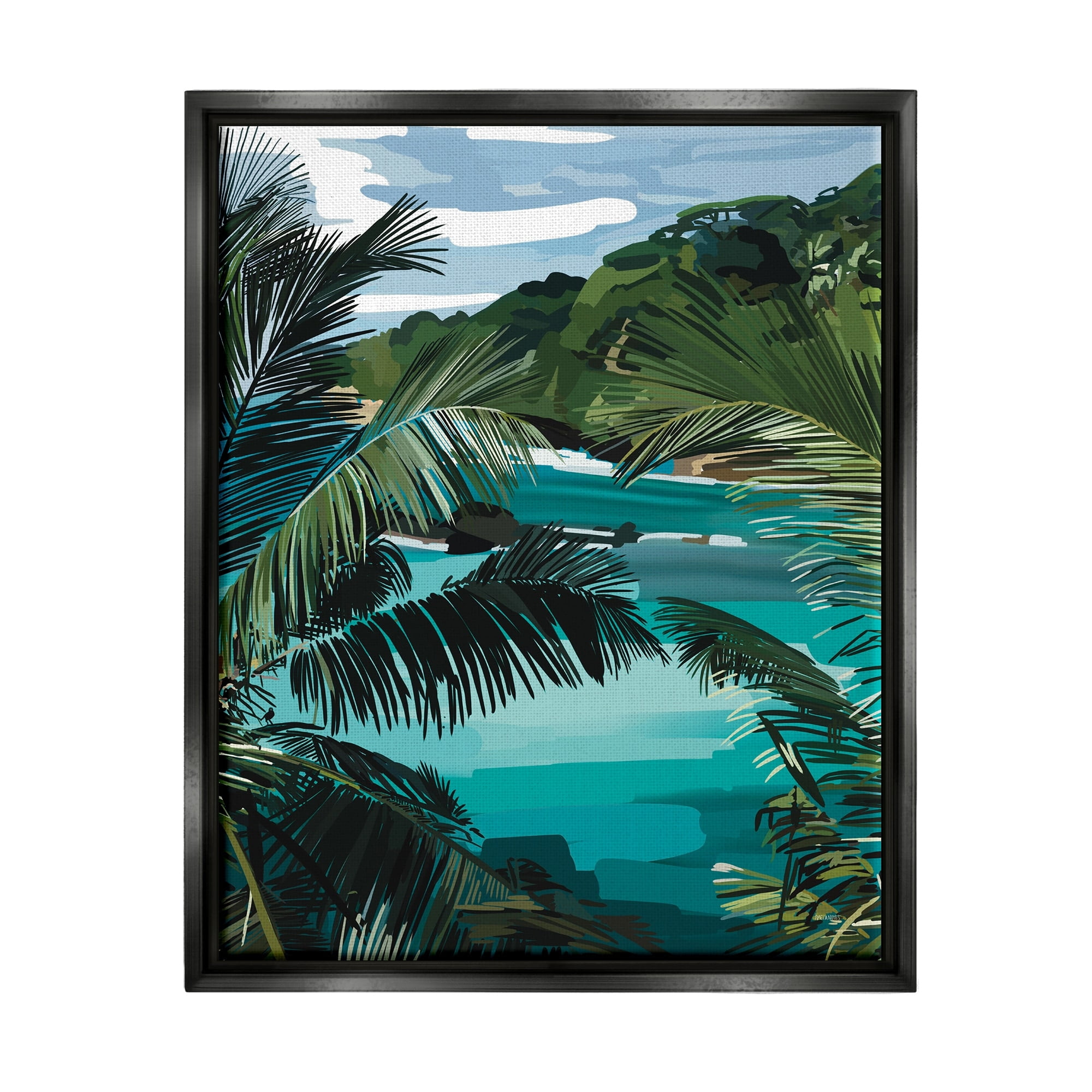 Stupell Industries Tropical Ocean Inlet Lush Palm Tree Hills Graphic Art Luster Gray Floating Framed Canvas Print Wall Art, Design by Amelia Noyes