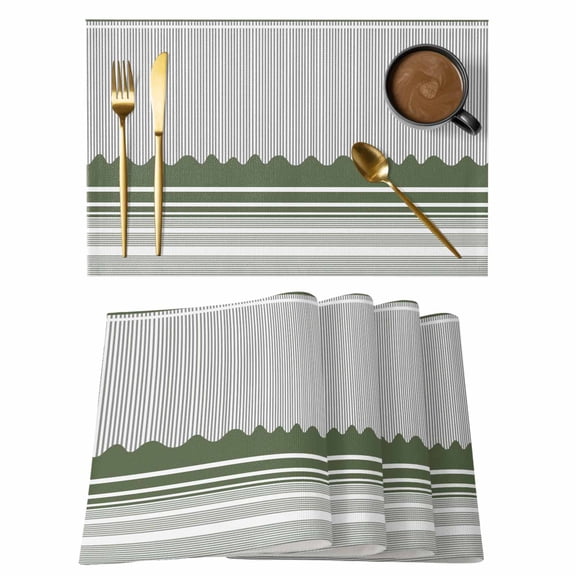 Dark Green Striped Placemats Set of 12, Abstract Modern Geometric Stripes Placemats for Dining Table, Place Mats for Kitchen Tabletop, Waterproof Wipeable Dining Table Mats Set