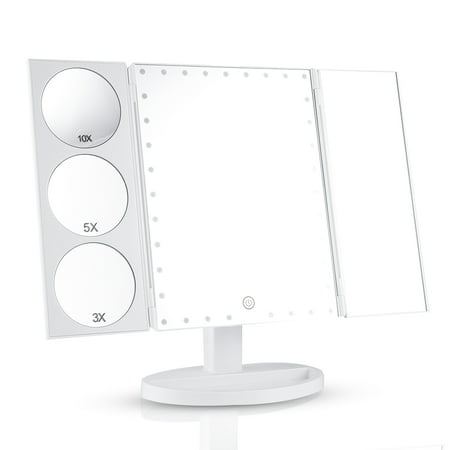 Degree Tee Shirts - Easehold 35 LED Lighted Vanity Makeup Mirror Tri-Fold with 3X 5X 10X Magnifiers 360 Degree Free Rotation Countertop Bathroom Cosmetic Mirror (White)