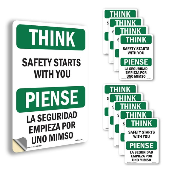 Safety Starts With You Bilingual OSHA Think Vinyl Decal Label 10 Inch x 7 Inch - 10 Pack