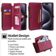 thumbnail image 3 of Allytechgroup Versatile iPhone 14 Pro Max Case Cover, Multifunctional Phone Case for Apple iPhone 14 Pro Max, with Zipper Pocket Shoulder Strap Hand Wrist Cards Holder Stand Feature Case, Red, 3 of 8