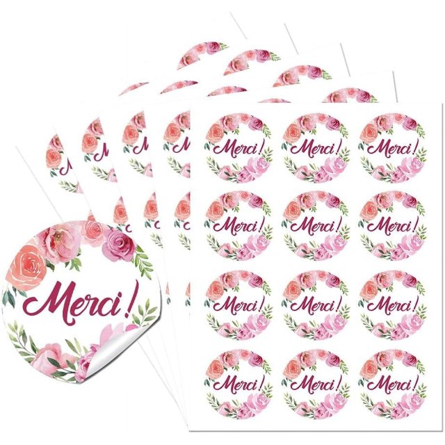 Etiquetas adhesivas redondas de agradecimiento Merci de 1,97 pulgadas, autoadhesivas, con diseño floral de acuarela, para fiestas, 60 unidades, para regalos de fiesta, sellos de sobres y bolsas de