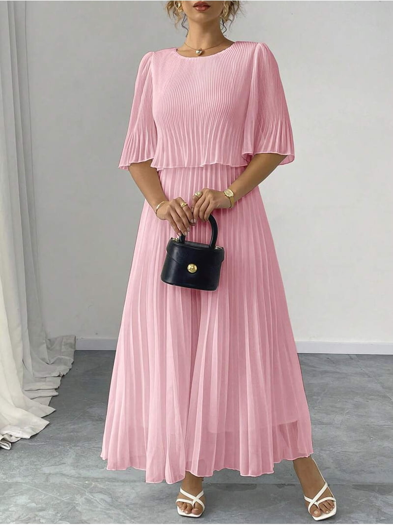 pleated flared maxi dress Elegant Fold Pleated Flared Maxi Denim Dress, Spring/Summer