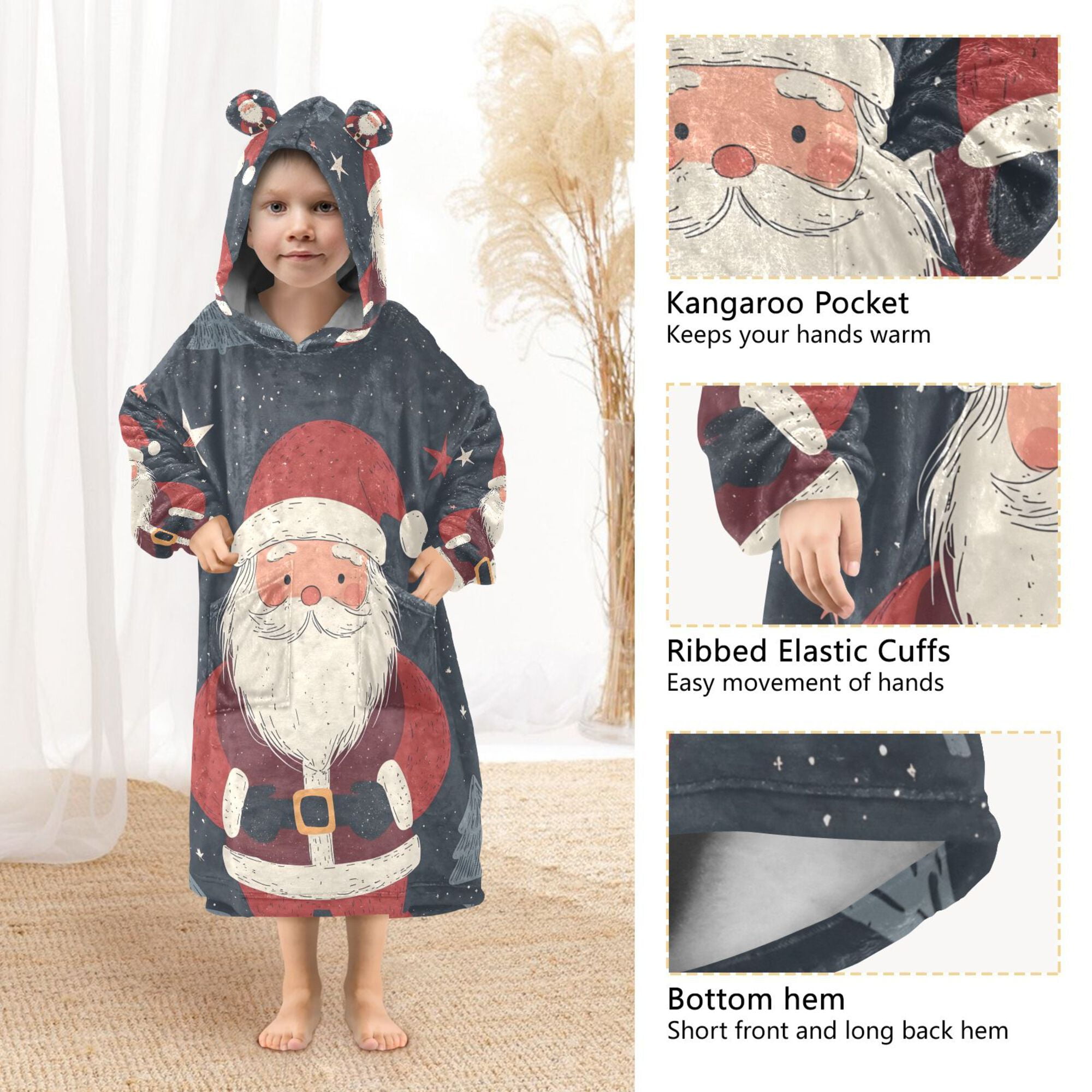 FORMRS Wearable Blanket Hoodie with Sleeves for Kids Cozy Flannel Sweatshirt, Blue Christmas Santa