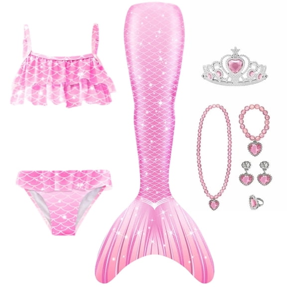 9PCS Girls Mermaid Bathing Suit & Fish Tail Cute Ruffle Tankini Swimsuits for 3-12Y Kids Beach Swimwear with Accessories