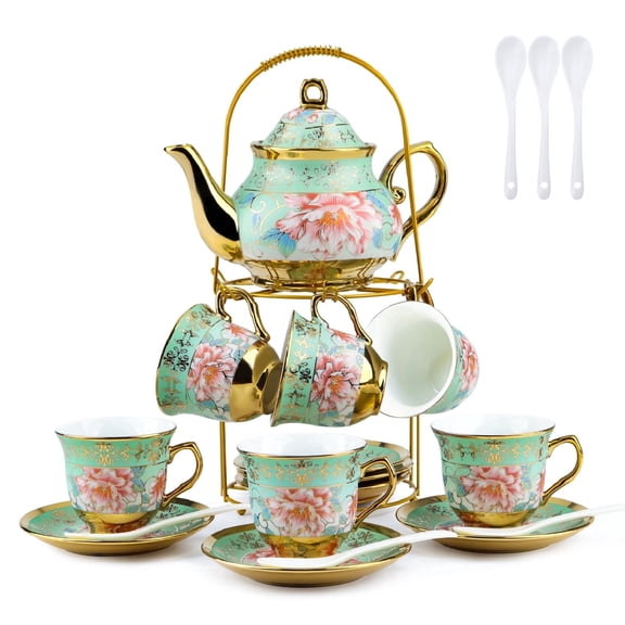 Wanchiy 20-Piece Tea Set β Porcelain with Gold Floral Design, Includes Teapot, Cups, Saucers & Metal Holder