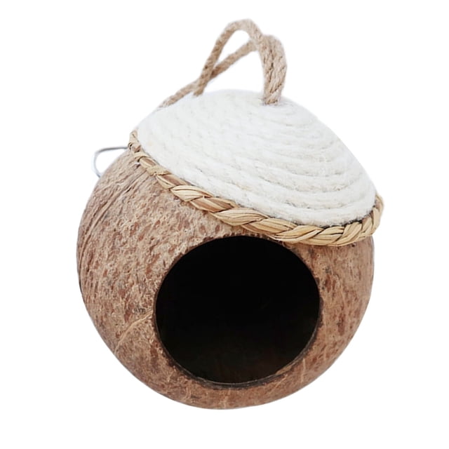 Casas decorativas para pájaros de exterior, comederos grandes para pájaros, nido para mascotas de cáscara de coco natural, nido de cría de coco, cama para mascotas con cuerda rosa.
