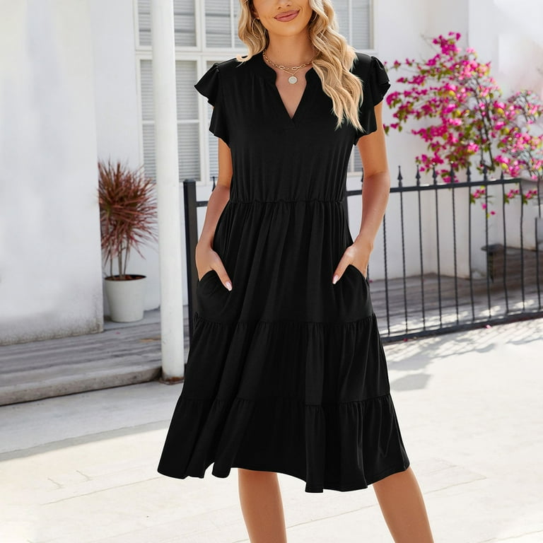 Green Bodycon Dress, Casual V Neck Flutter Sleeve Knee Length A Line Dress  Business Casual For Women Black Dresses Funeral Cotton Formal Dresses 2025  Club Spring Dresses (L, Black) ZMTing - Walmart.com