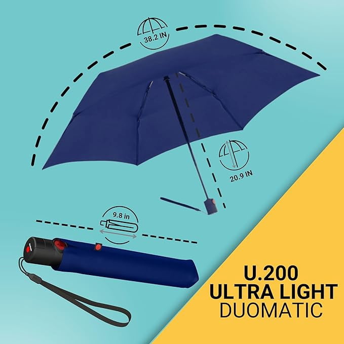 Knirps U.200 Ultra Light Automatic Rain Umbrella in Navy – One-Touch Auto Open/Close, Wind-Tunnel Tested, 37in Canopy, Aluminum Fiberglass Frame, Pocket-Size Travel Umbrellas, Cover Included