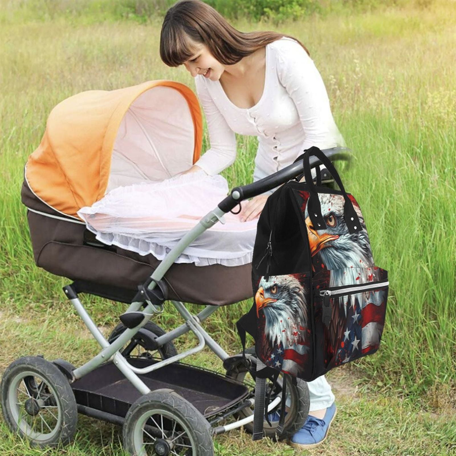 Fuzoiu USA Bald Eagle Print Diaper Bag Backpack,Baby Essentials Travel Tote,Multi function Waterproof Diaper Bag, Travel Essentials Baby Bag - Unisex