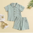 thumbnail image 6 of Toddler Baby Boy Summer Clothes Cotton Linen Short Sleeve Solid Button Down Shirt Shorts Set Outfits with Pockets, 6 of 9