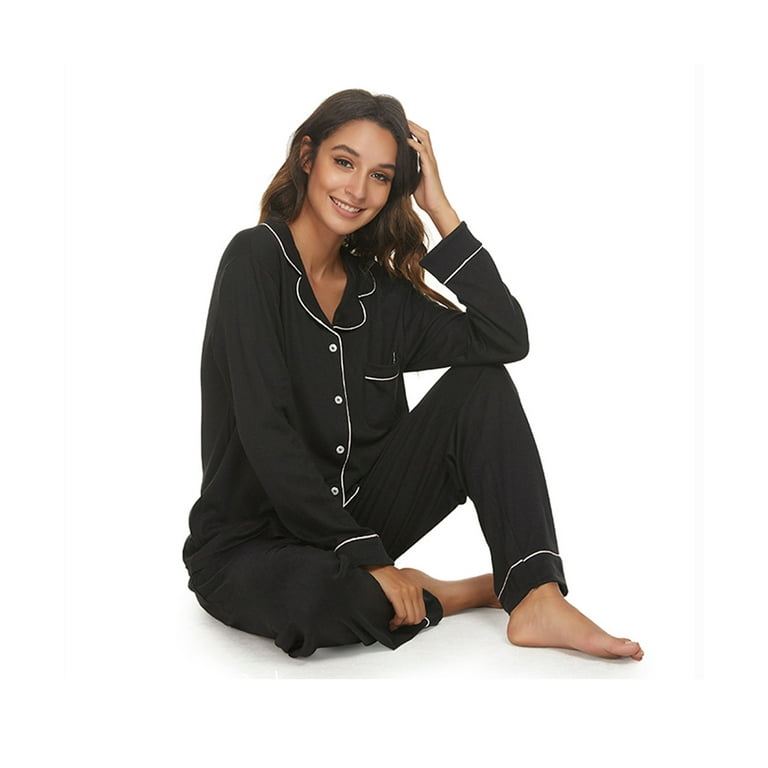 HEARTNICE Women Button up Pajama Set Long Sleeve Sleepwear Lightweight Pjs Set Black M