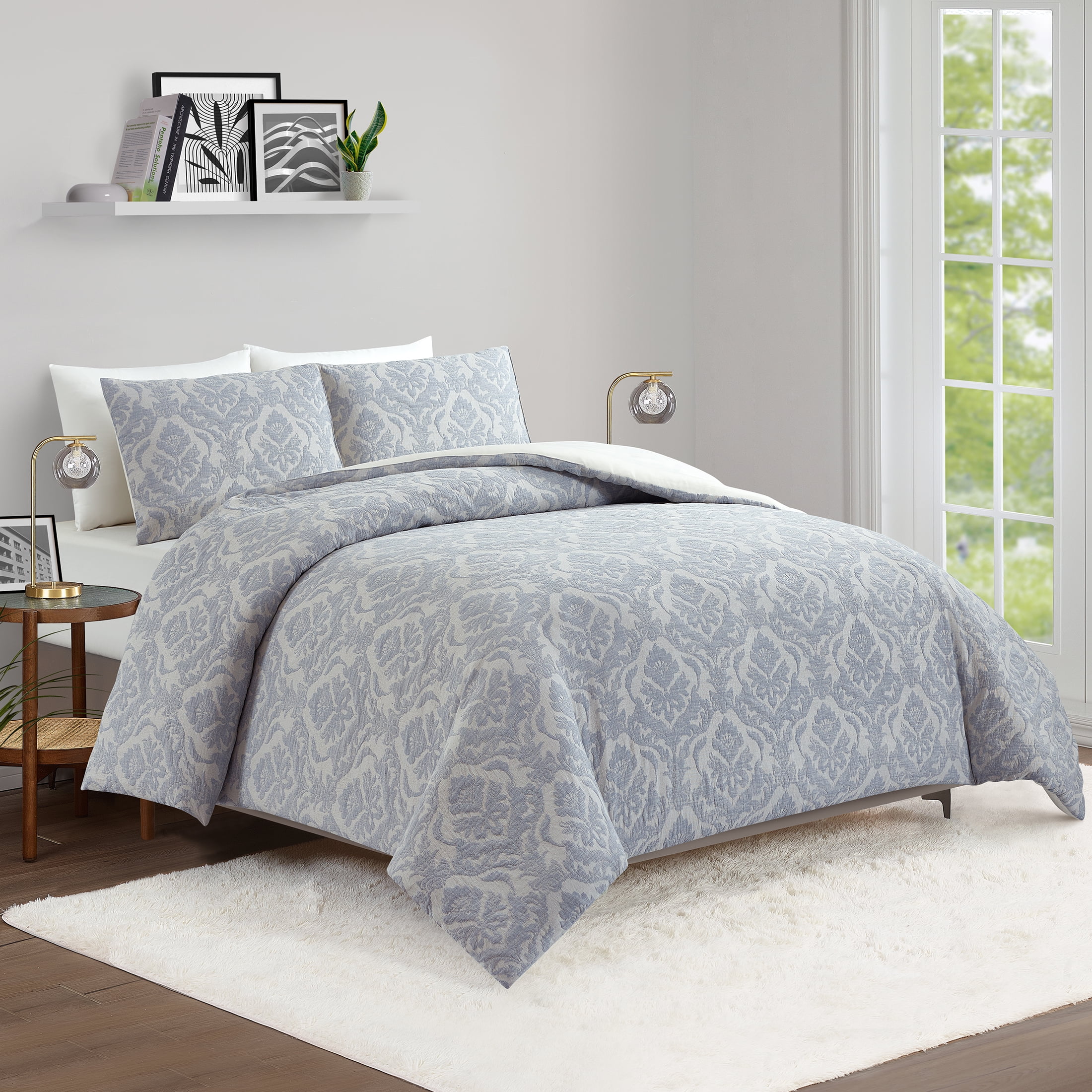 Better Homes & Gardens Woven Damask 3-Piece Comforter Set, Blue/Silver, King, All Ages