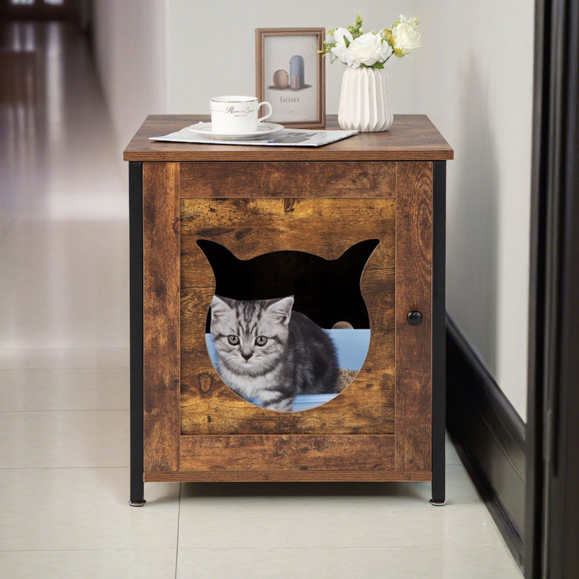 Kadyn 21" Enclosed Cat Litter Box Enclosure, Pet Supplies for Cat House Furniture with Tabletop, Hidden Cat Washroom, Brown