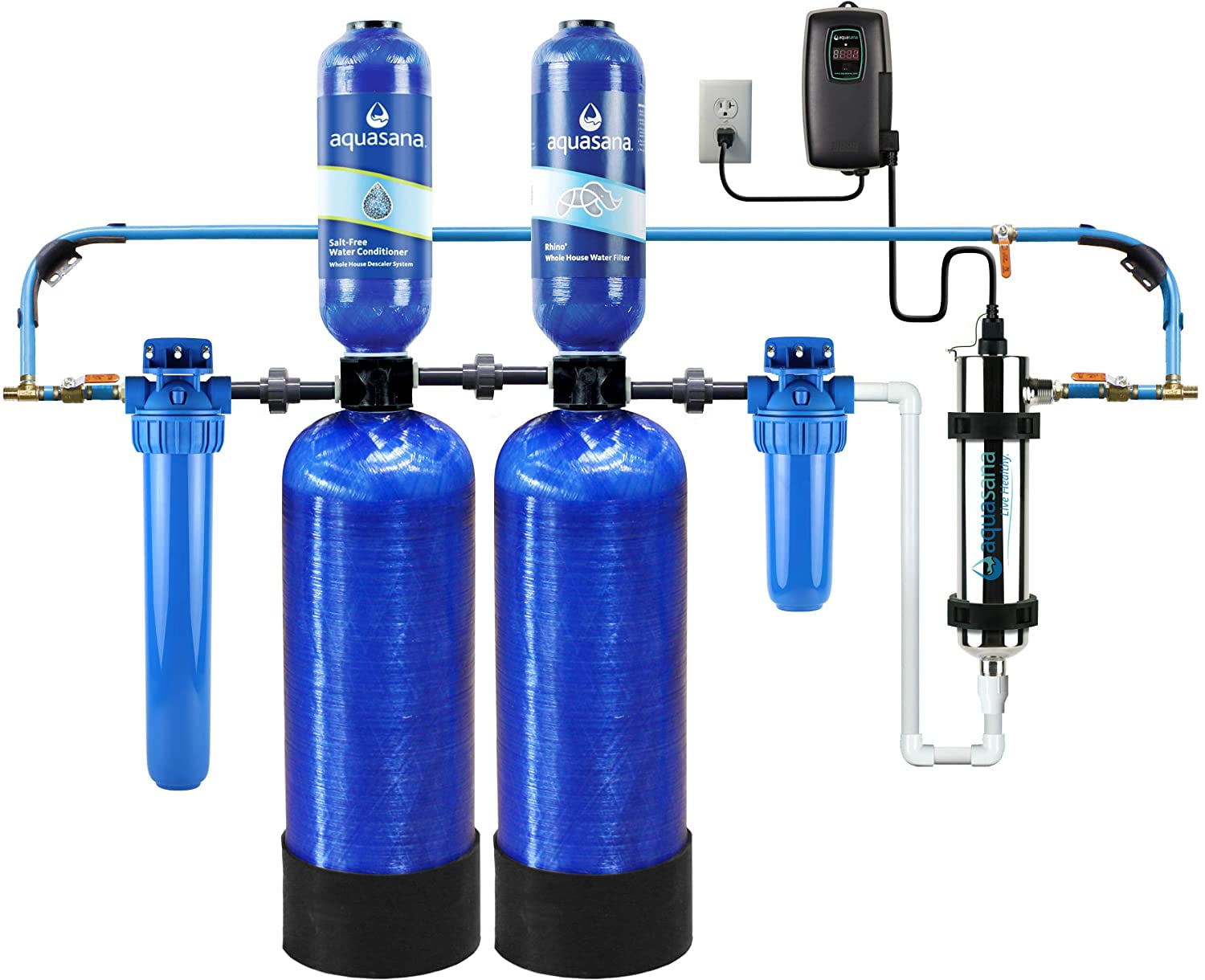 Aquasana Whole House Well Water Filter System Water Softener Alternative w/ UV Purifier, Salt