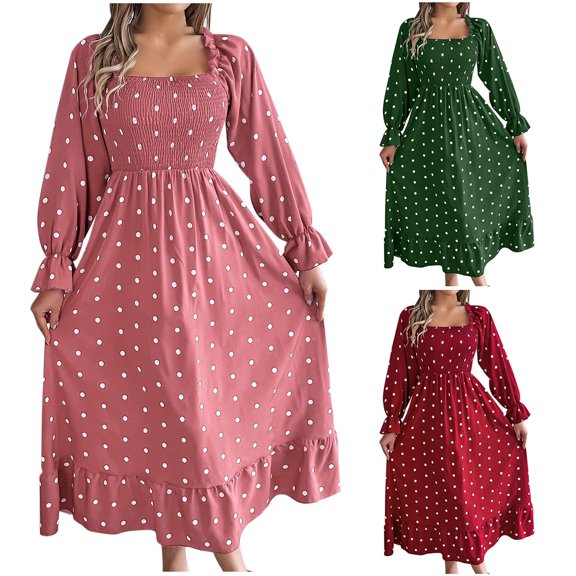 HAOTAGS Dresses for Women Polka Dots Square Neck Long - Sleeve Fashionable Casual Dress Pink Size L