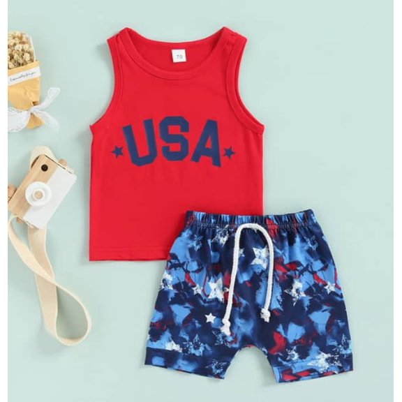 Baby Boys Patriotic USA Shorts Set Red, White, and Blue Fourth of July Memorial Day 6M