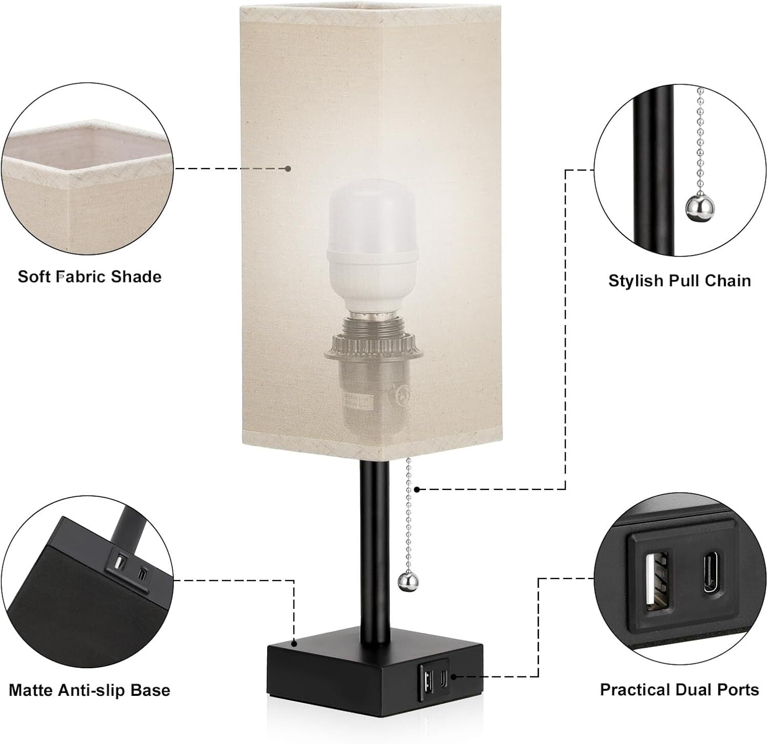 Bedside Table Lamp Pull Chain Table Lamp With USB C&A Fast Charging Port, AC Outlet, Solid Bedroom Lamps with Fabric Shade Nightstand Light for Living Room, Office, Reading (LED Bulb Included)