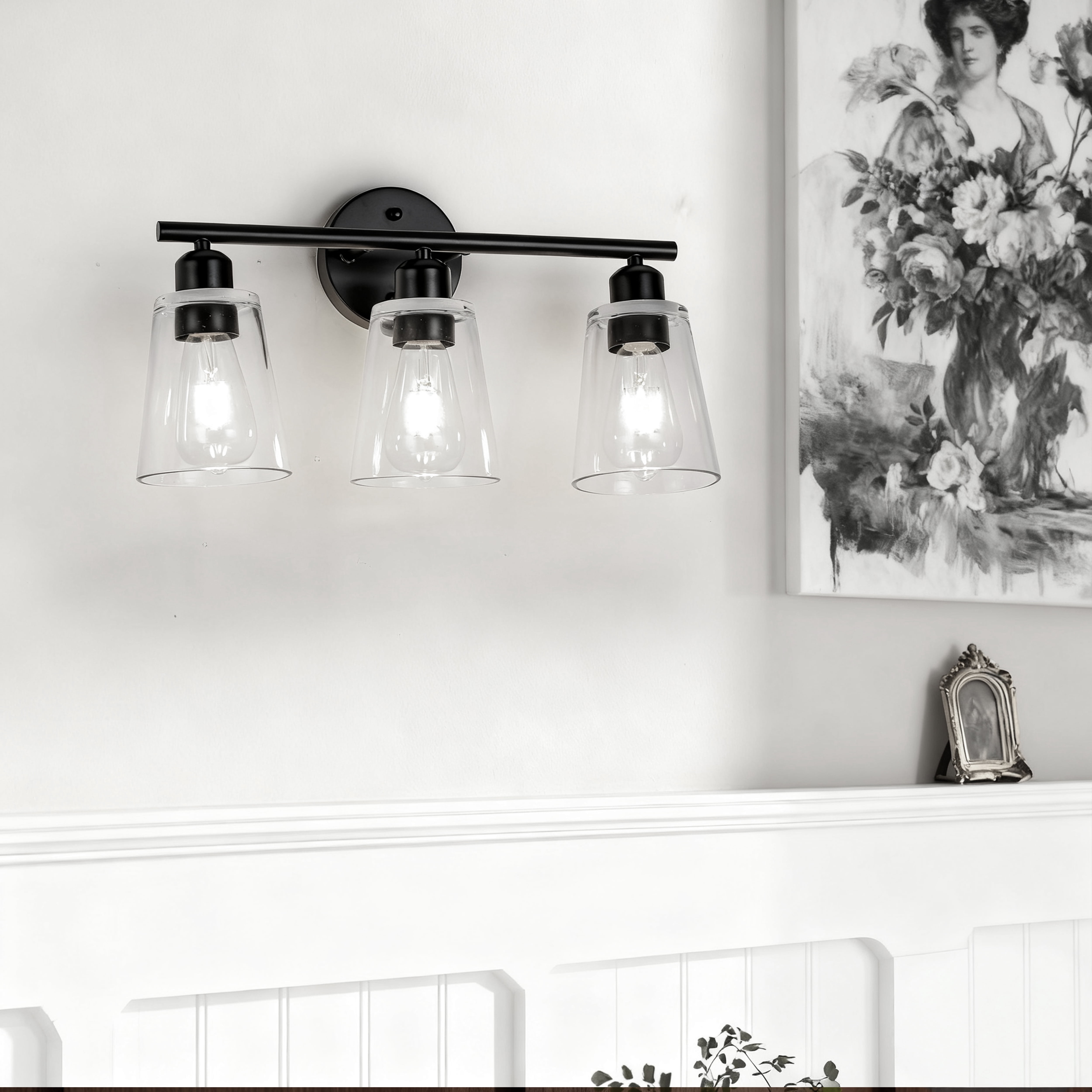 Farmhouse Cone Type Glass Vanity Lighting Modern Vanity Lights with Clear Glass Shade, Bathroom Wall Lamp for Mirror Kitchen Living Room Hallway Cabinet Porch