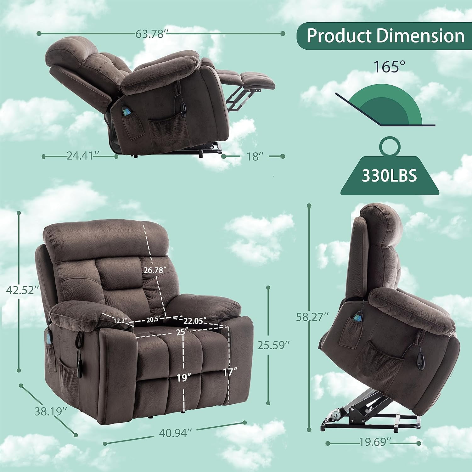 Lift Recliner for Big and Tall Seniors, Lift Chair with Heat and Vibration Massage, 2 Side Pockets, 2 Cup Holder, 2 Remote, OKIN Motor