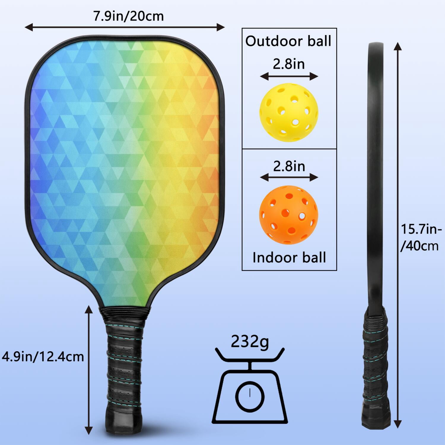 Pickleball Paddles Set Of 1, Fiberglass Surface, Vibrant Rainbow Print, 1 Paddle, 2 Balls & Bag