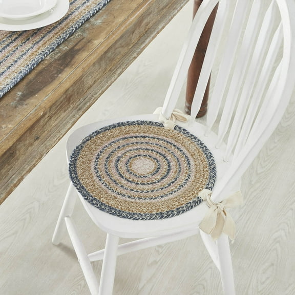 VHC Brands Kaila Farmhouse 15 in Chair Pad Blue Textured Jute/Wool Blend Striped Round Kitchen Table Decor