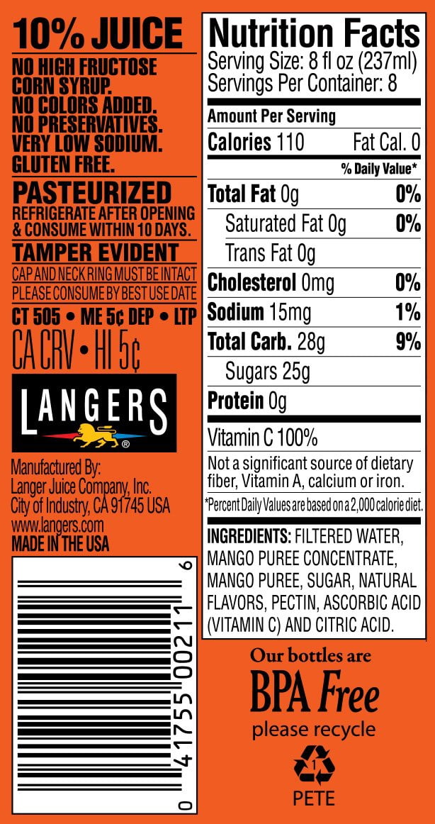 (Pack Of 8) Langers Juice Mongo Mango 64 Fo