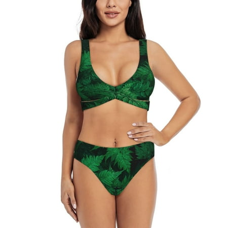 Zeuib Green Leave Fern High Waisted Tummy Control Bikini Set - Knot Front Push Up Top & Cheeky Thong Bottom  Two-Piece Swimsuit for Women-X-Large