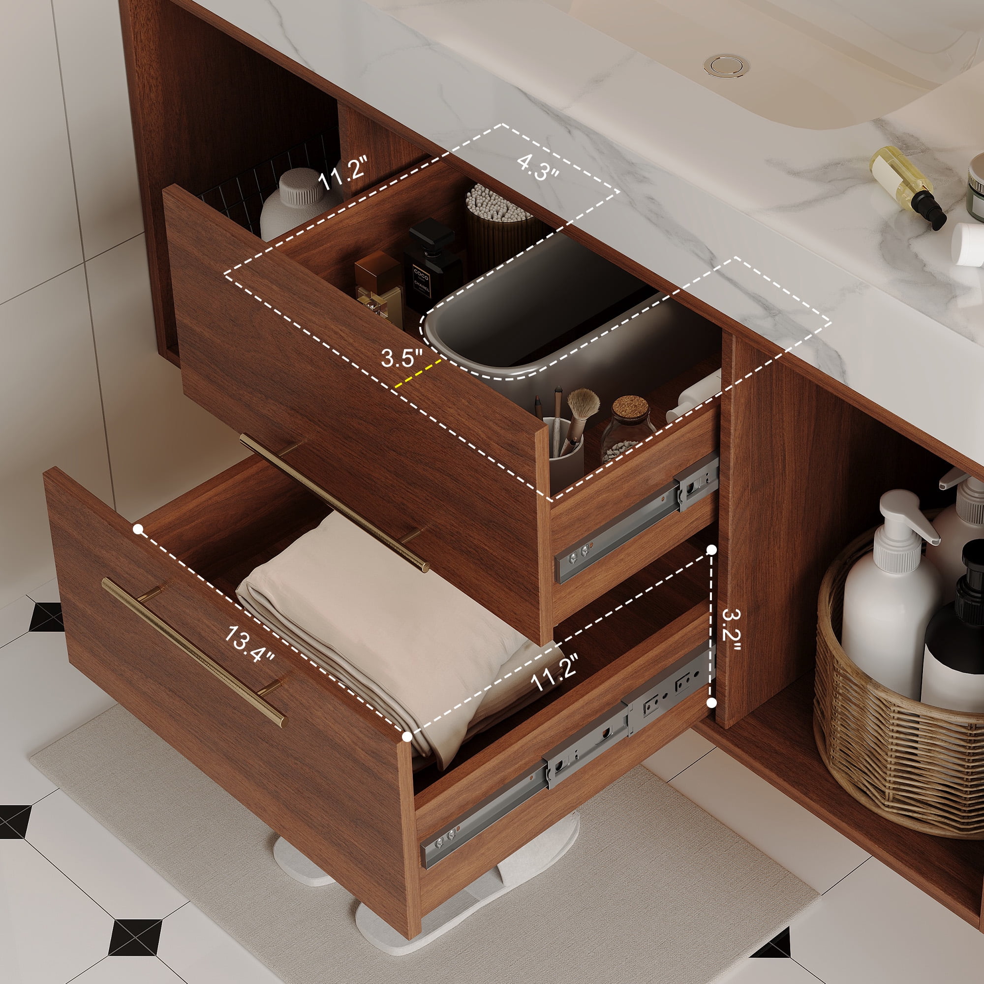 Aukfa 39.4" Floating Bathroom Vanity with Sink, Wall Mounted Cabinet,2 Drawer,Walnut