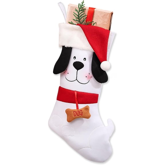 17 Inches Dog Christmas Stockings Large Dog Xmas Stocking with Christmas Hat, Christmas Dog Pet Hanging Stockings for Fireplace Christmas Decor