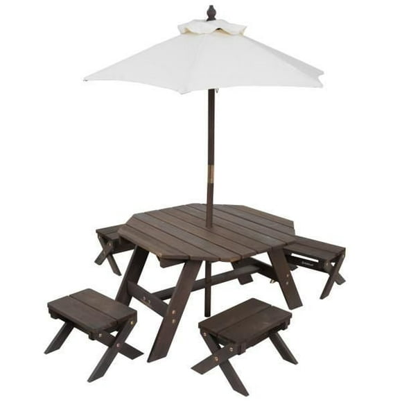 Ensemble de tabourets, parasol et table octogonale de bois - brun ours et beige
