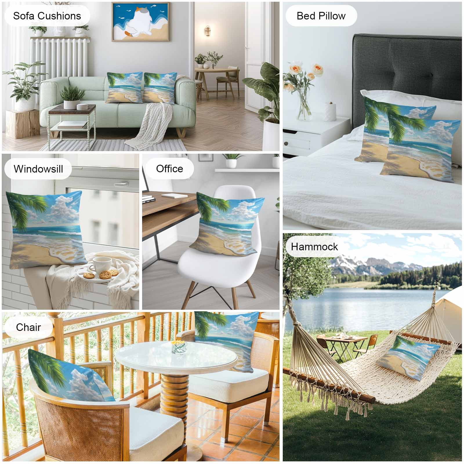 Waterproof Throw Pillow Covers 16x16 Set of 2, Summer Beach Blue Seawater Outdoor Pillowcases with Invisible Zipper, Tropical Plant Palm Tree Decorative Cushion Covers for Patio Garden Sofa Couch