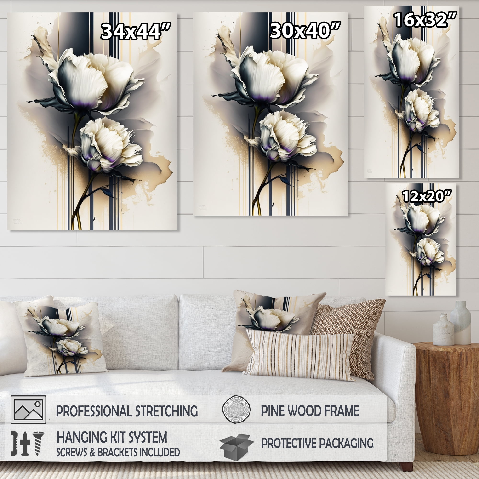 Designart White Peony Flower On Golden Beige Paint Canvas Wall Art