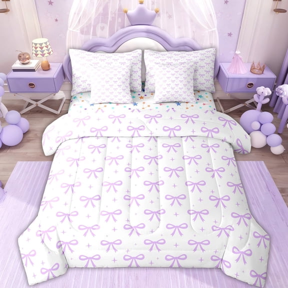 Erosebridal Purple Cartoon Bow for Girl Twin Bedding Sets, Princess Style Bedding Comforter Set, 7-Piece