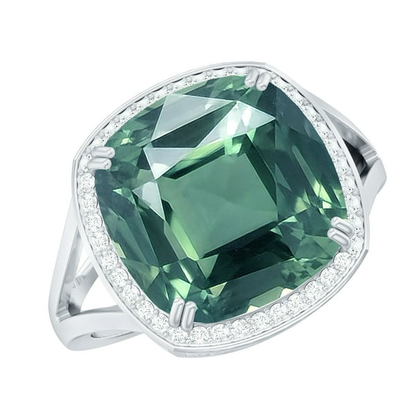 Rosec Jewels Lab Grown Green Sapphire Cushion Cut Engagement Ring - 12 mm - Statement Ring - AAAA Grade - with Jewelry Box, 925 Sterling Silver, US 4.00
