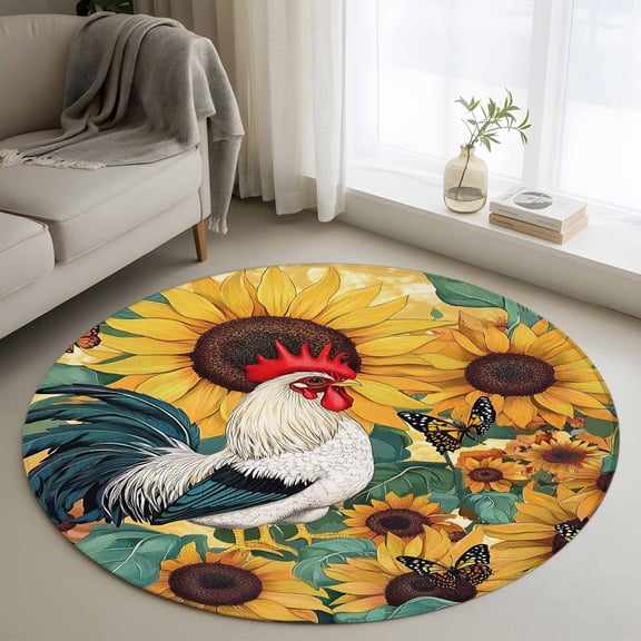 Round Rugs 4Ft, Sunflower Rooster Round Area Rug Washable Indoor Throw Carpet, Vintage Watercolor Summer Flower Soft Non Slip Circle Rug for Kitchen Nursery Room Home Decor Aesthetic