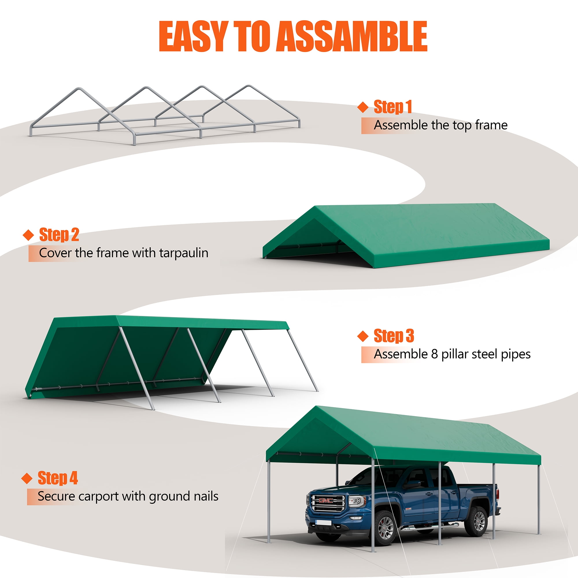 Walsunny Carport 10 x 20 ft Heavy Duty Carport Car Canopy with Powder-Coated Steel Frame, Portable Garage for Car, Boat, Shelter Party Tent with 180g PE Tarp Green