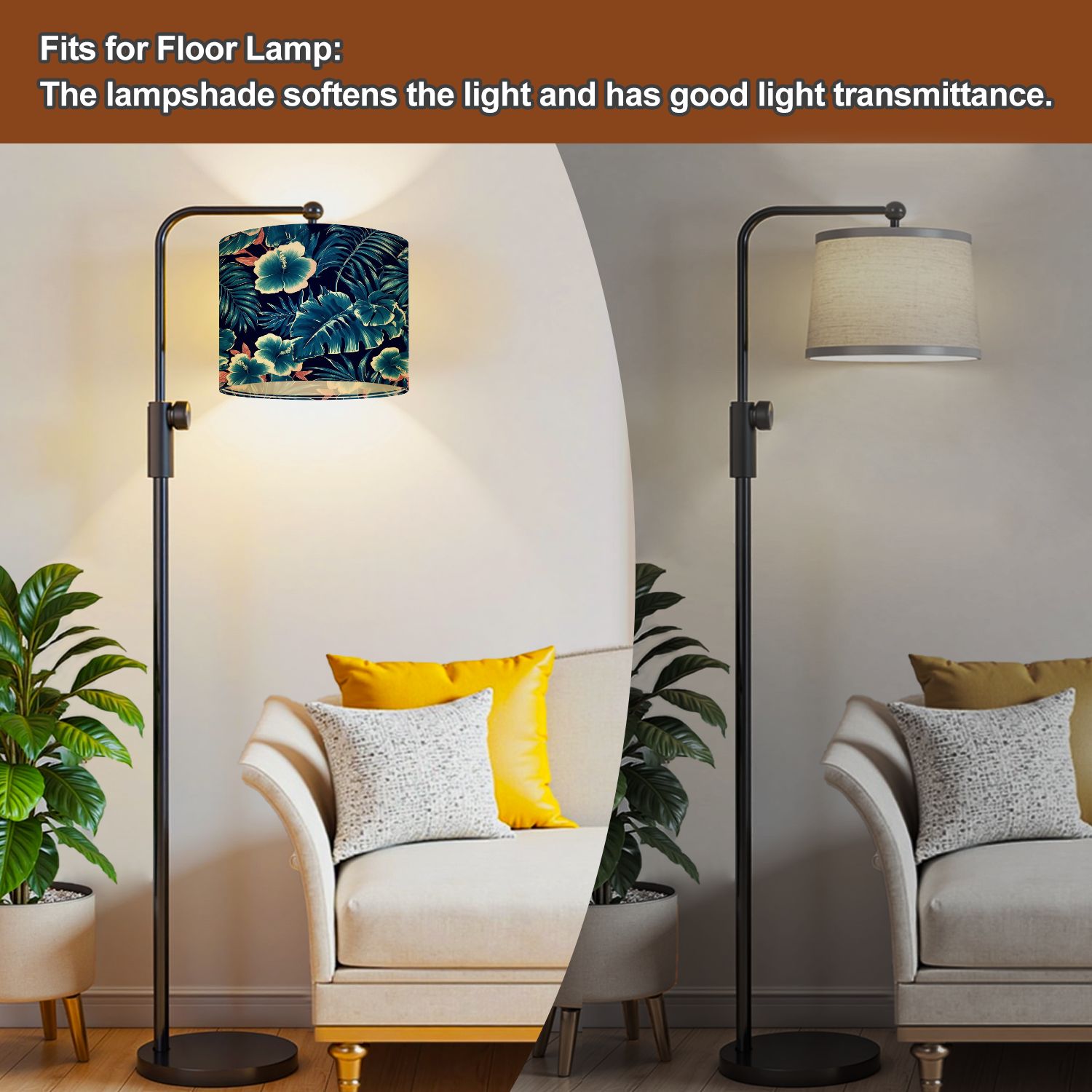 Lamp Shades Set of 2 Easy Assembly white shine tropical plants fashionable navy blue Drum Lampshades for Table Lamps Floor Lamps Pendant Light 13"x13"x10" Replacement Lamp Shade
