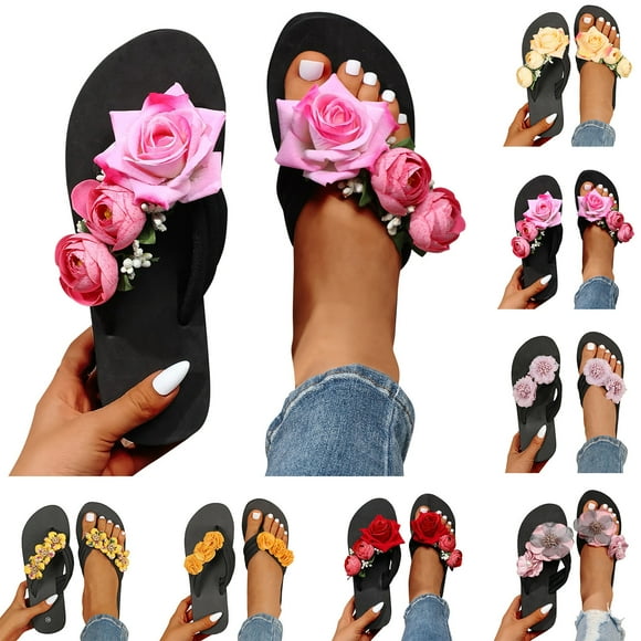 TrendOFT Sandales Pour Femmes For Ladies Summer Flip Flops Open Toe Flowers Bohemian Casual Shoes Womens Flat Sandals Yellow 38