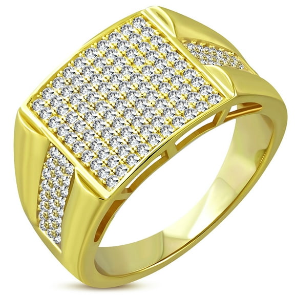 925 Sterling Silver Men's Yellow Gold-tone Micro Pave White CZ Stone Flat-face Signet Style Ring with Band Detail
